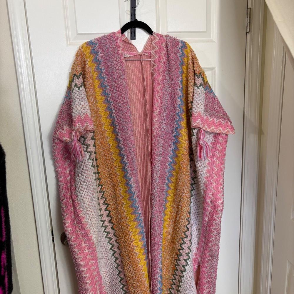 Boho Knit Chevron Kaftan Cardigan Pink Orange Zig Zag Tassel Kimono Oversized